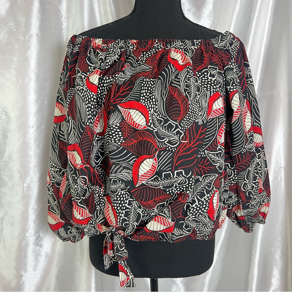 New Day XL Black Red Tropical Floral Off Shoulder Tie Front Top Boho Vacay Vibes